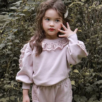 deer jonmi 2023 Пролет, Дрехи за малките момичета в Корейски стил, Дантелени Памучни блузи с ръкави-фенерчета За деца, Детски Пуловери, Блузи