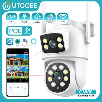 UTOOEE 8-Мегапикселова Двухобъективная WIFI PTZ Камера С Двойна Екран AI Проследяване на човек Външно видеонаблюдение POE IP Камера iCSee PRO Алекса