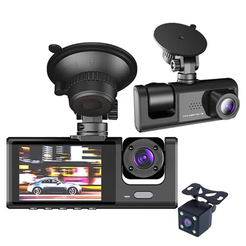 3-канален автомобилен видеорекордер с резолюция 1080P, табло с ИНФРАЧЕРВЕНО нощно виждане, циклична запис, паркинг монитор