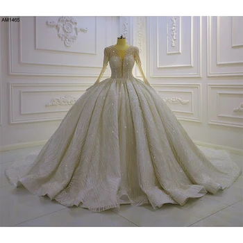 AM1465 Луксозна бална рокля с дълбоко V-образно деколте и дълъг ръкав, расшитое пайети, сватбена рокля