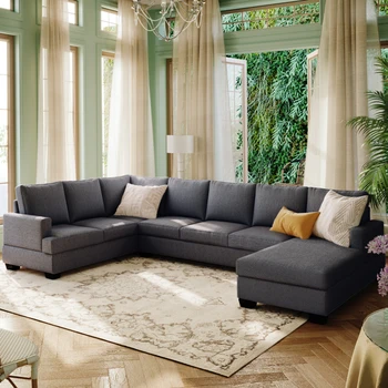 Ustyle Модерен Голям U-образна форма на секционни диван с мека тапицерия, изключително широк шезлонг, мек и здрав, удобен, сив