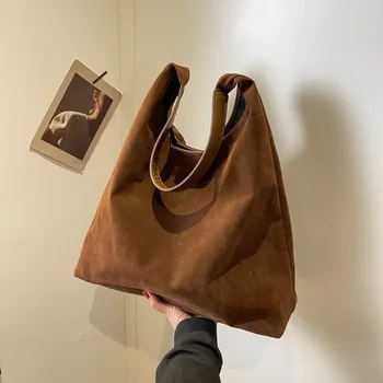 В есенно-зимната реколта дамска чанта, голямо голям замшевая чанта през рамо, однотонная проста ежедневна чанта за пътуване