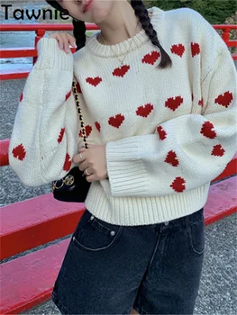 Вязаный пуловер с бродерия във формата на сърце Tawnie Y2K, пуловер, пуловер с дълъг ръкав и кръгло деколте, есен-зима 2023, дамски свободна градинска облекло.
