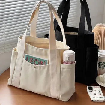 Дамска чанта с множество джобове, холщовая чанта през рамо, готическата чанта-тоут, Висококачествен памучен чанта с голям капацитет, Множество Плажната чанта за пазаруване.