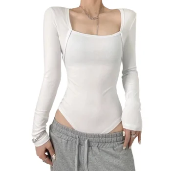 Женска тениска с квадратна деколте и дълъг ръкав, една част, с плосък рамо, еластична, приталенная, облегающая фигура