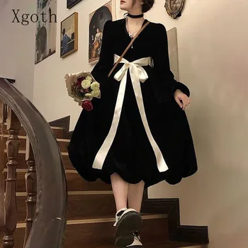 Женствена рокля Xgoth с V-образно деколте, без всекидневни папийонка, пола принцеса, дантелени вечерни рокли с трапецовидна форма, с дълъг ръкав, зимни дамски модни дрехи