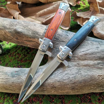 Италиански сгъваем нож с огледално острие и цветен дървена дръжка, тактически джобен нож за лов на открито, средства за самозащита в къмпинг