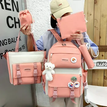 Корейски модерен виолетово-розово многофункционален набор от училищни чанти от 5 теми за момичета, водоустойчив преносим чанта с голям капацитет Mochila