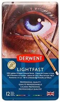 Лек Метален корпус Derwent Derwent colored pencil light fast, комплект от 12 цвята, сърцевина от 4 мм и е идеален за перушина и за нанасяне на кремообразного покритие отгоре.