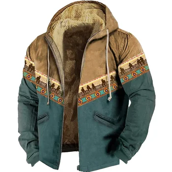 Мъжки блузи с цип, зимни руното парк, якета с шарките на ранчо, якета с етнически племенни модел, блузи, връхни дрехи, палто с цип, с качулка