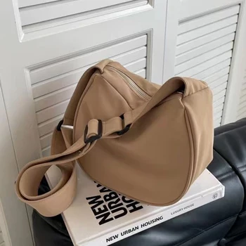 Нова популярна нишевая ежедневни универсална женска чанта с широк пагон, холщовая однотонная текстурная чанта за кнедлите през рамо