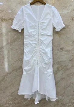 Ново лятно модно бяло-синя рокля 2023 г., висококачествено женствена рокля с V-образно деколте, плиссированное деко, къс ръкав Midi, Секси рокля-русалка XL
