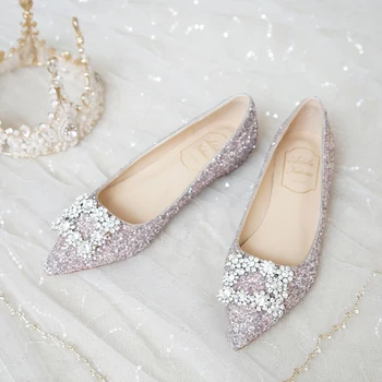 Сватбени обувки с блестящи кристали; женски сватбени обувки с метална катарама и остри пръсти, на равна подметка, без стягане; женски лоферы-светкавица ; удобни мокасини за момичета