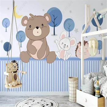 Скандинавски Cartoony Мечка, стенни тапети за детска стая, Малки животни, на фона на детската стая, тапети, 3D стенописи, декорация на спалнята