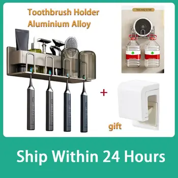 Стенен държач четка за зъби алуминиева сплав, Поставка за паста за зъби, спестяване на пространство в банята, баня, без перфорация