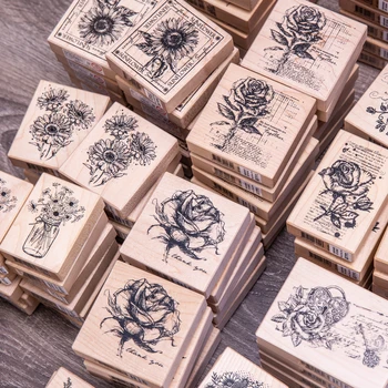 Тайванската печат Берденбурга, скица рози и слънчоглед, реколта цветя и декорация на регистър на Цветя, инструменти за ръчна работа, дървен печат