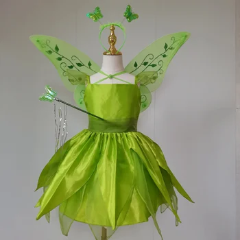 Хелоуин, cosplay, Парти за малки момичета, на Коледа, Зелена Цвете Фея, принцеса рокля-колокольчика, костюм на елф с криле на пеперуди, комплекти