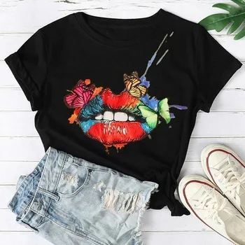 Цветни Устни С Писмото Принтом Женска Тениска С Къс Ръкав И Кръгло деколте Свободна Женска Тениска Дамска Мода Тениска Върховете Camisetas Mujer